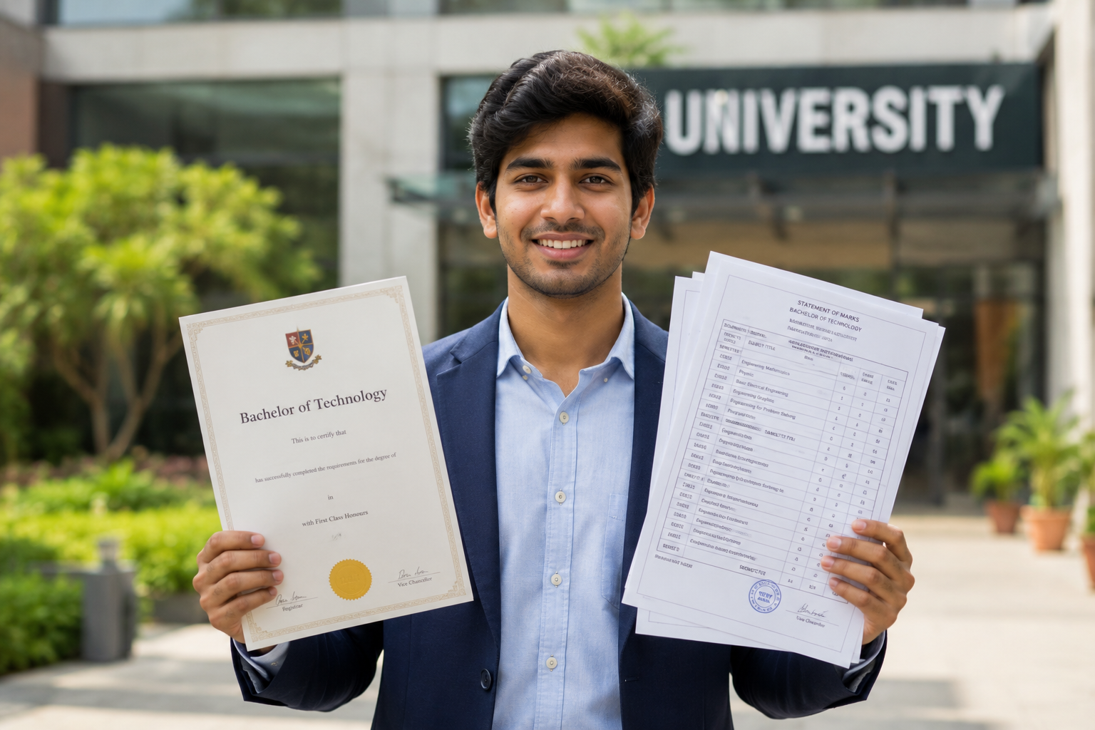 Student holding degree and academic documents