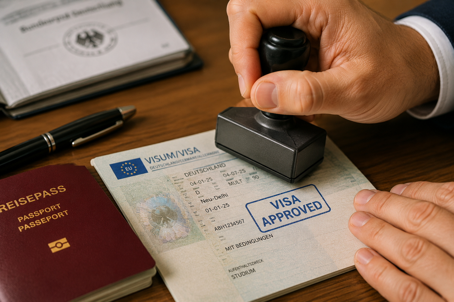 Student holding passport and banking documents